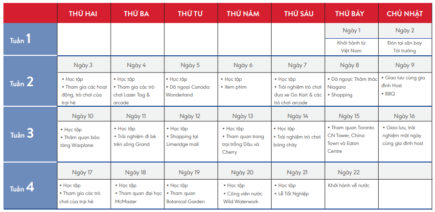 Lịch trình hoạt động dự kiến 